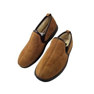 L B Evans Mens Size 9 M Brown Suede Moccasin Slippers Faux Fur Lined Slip On